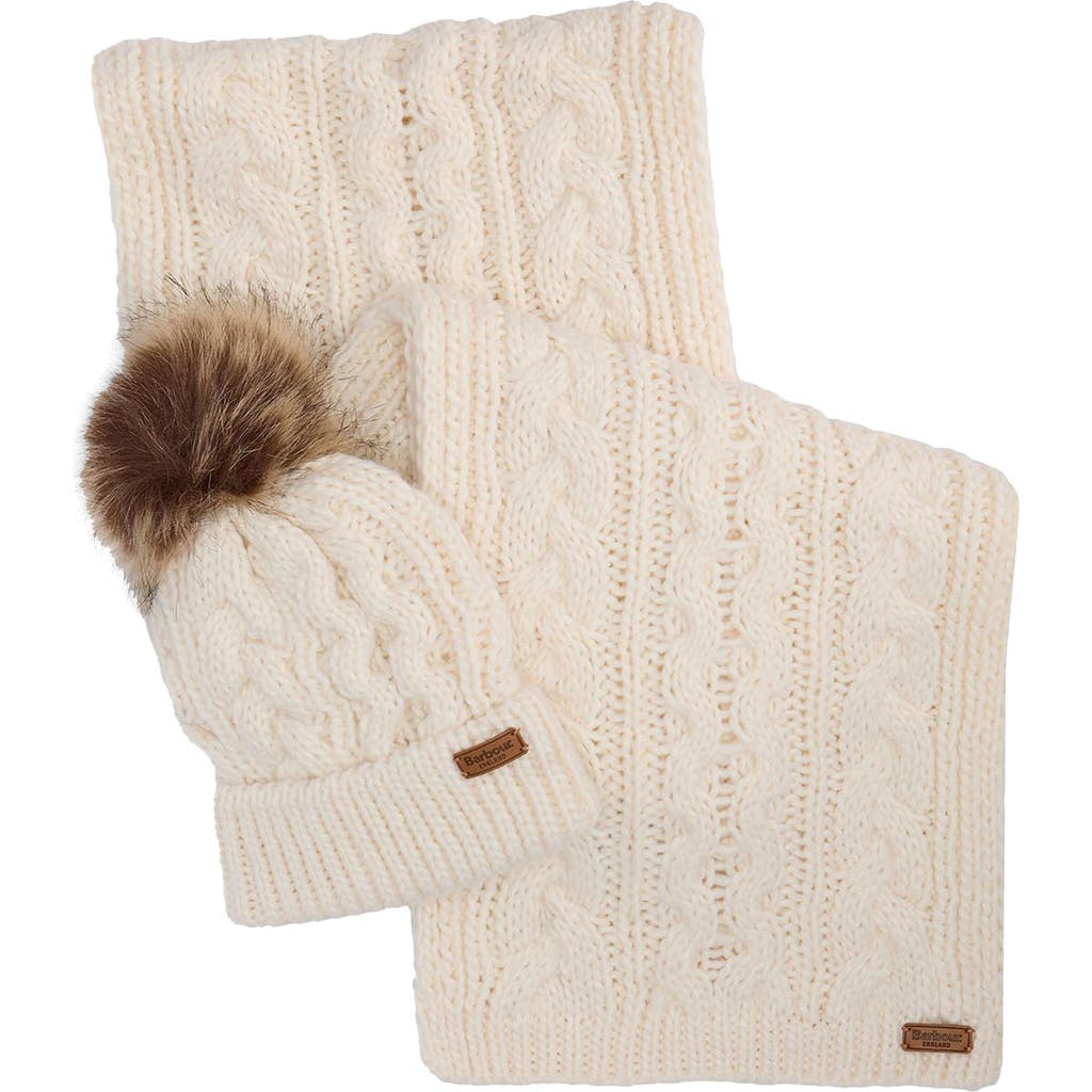 Barbour Penshaw Faux Fur Pompom Beanie & Scarf Set Gift Box In Gray
