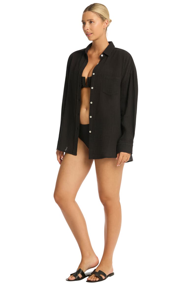Sunset Beach Oversize Cotton Cover-Up Shirt, Alternate, color, BLACK