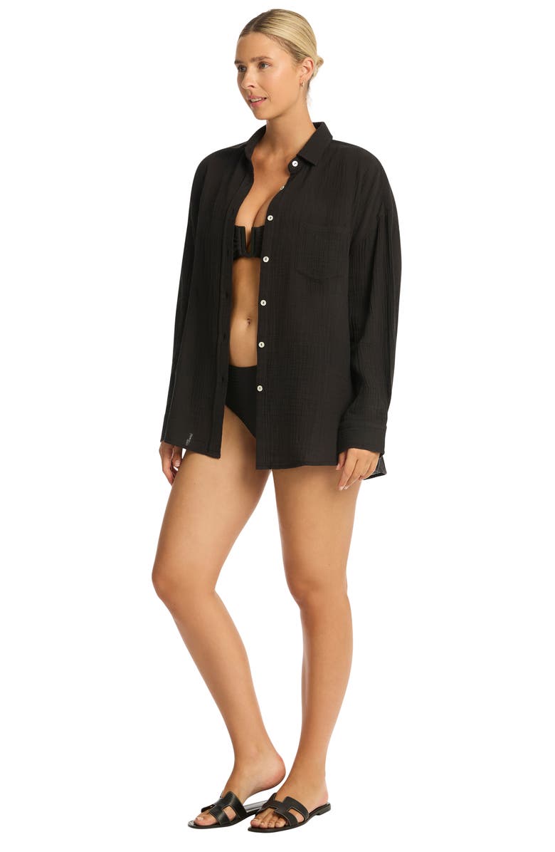 Sea Level Sunset Beach Oversize Cotton Cover-Up Shirt, Alternate, color, Black