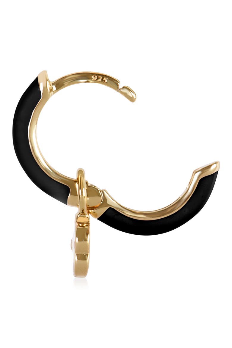 Flower Charm Enamel Huggie Hoop Earrings, Alternate, color, BLACK