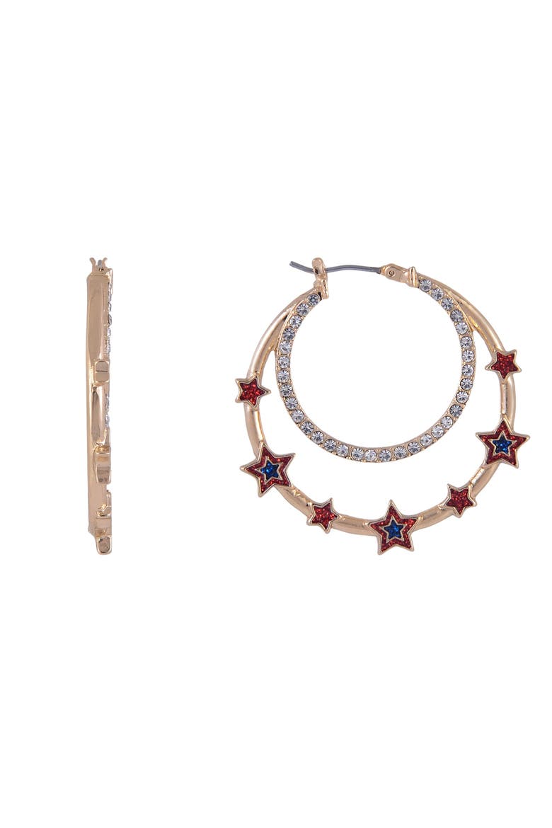 Double Stone Hoop Earrings with Red and Blue Star Accents, Alternate, color, Red