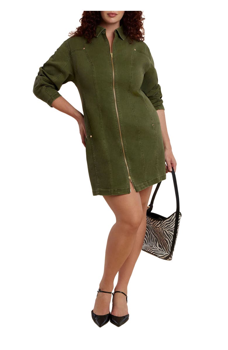 ELOQUII Denim Mini Dress With Zipper Detail, Main, color, Olive Wash