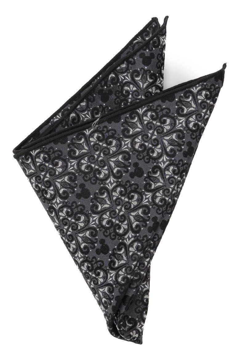 x Disney Mickey Mouse Damask Tile Silk Pocket Square, Main, color, GRAY