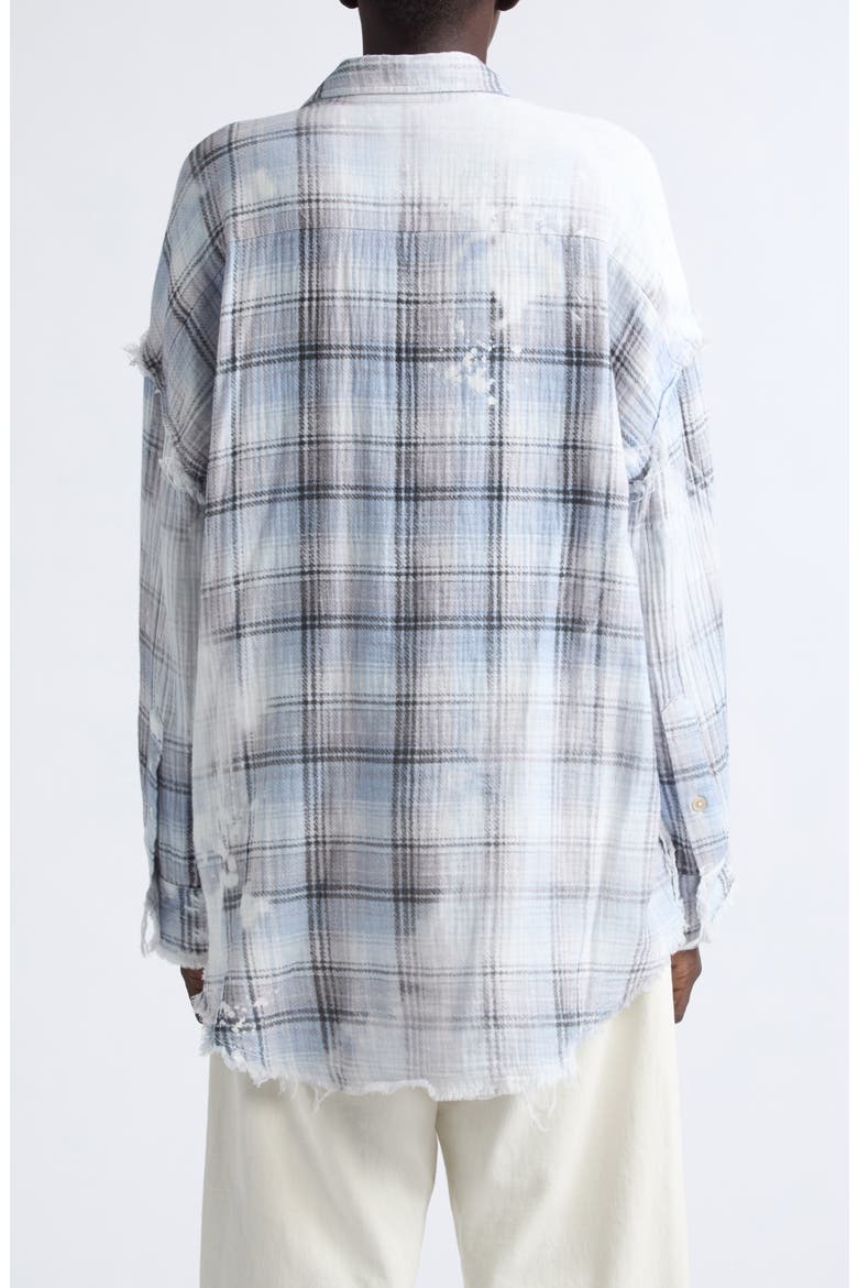 Shredded Seam Drop Neck Plaid Flannel Button-Up Shirt, Alternate, color, BLUE BLEACHED PLAID