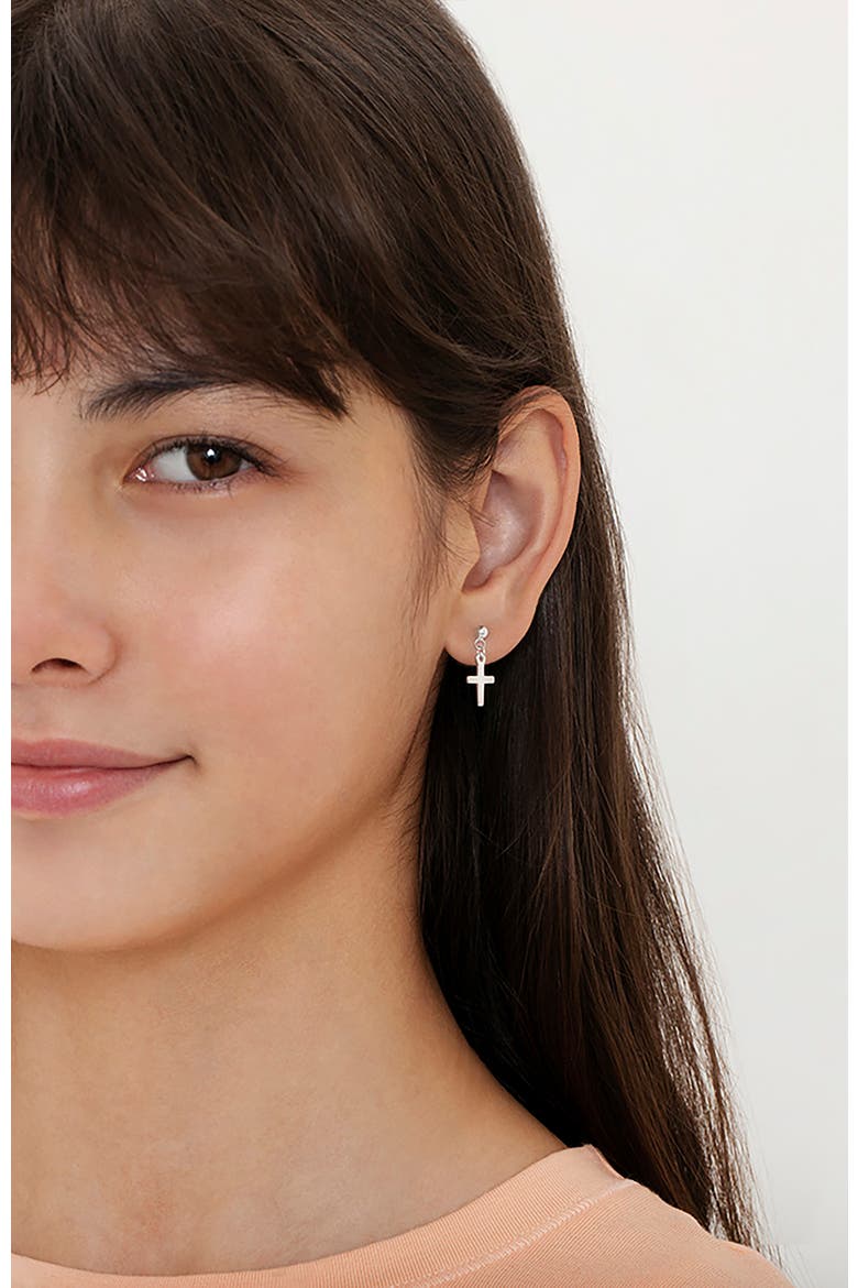 My First Dangle Cross Earrings, Alternate, color, Silver