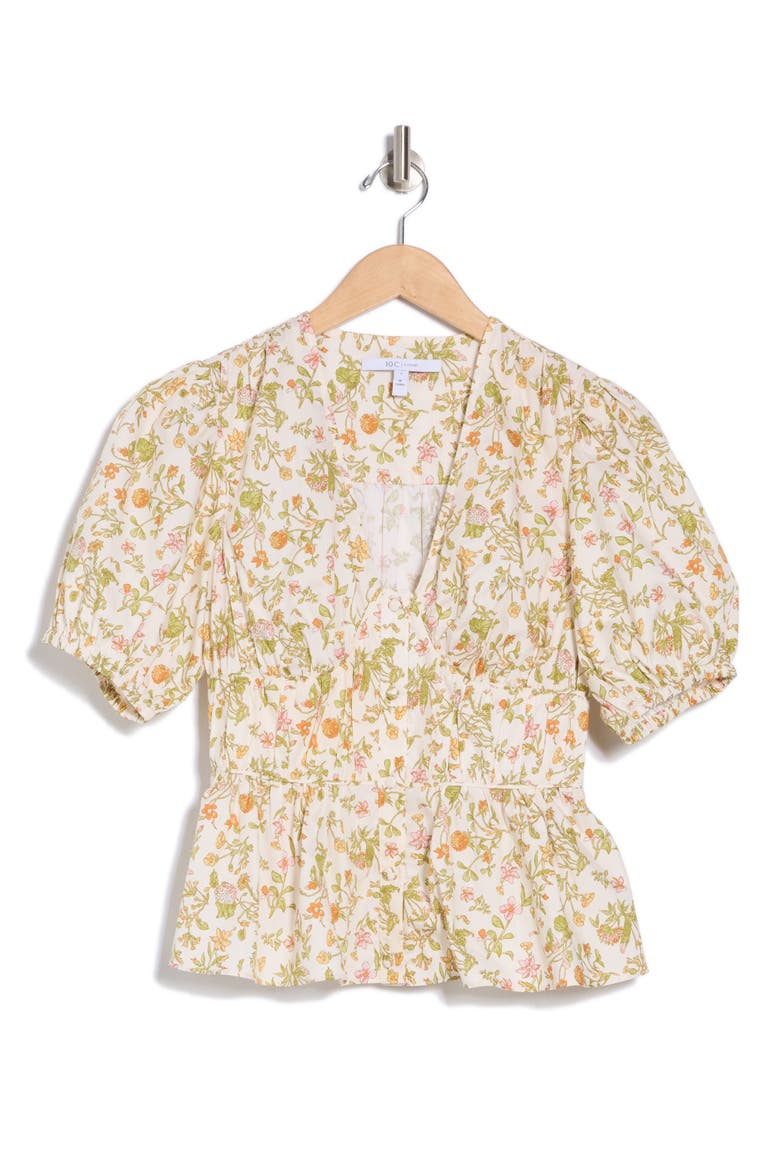 Maureen Floral V-Neck Cotton Peplum Top, Alternate, color, CREAM MULTI