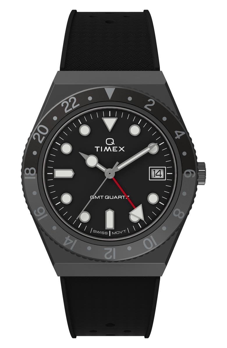 Timex<sup>®</sup> Q GMT Synthetic Rubber Strap Watch, 38mm, Main, color, Black