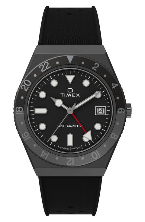 Q GMT Synthetic Rubber Strap Watch, 38mm