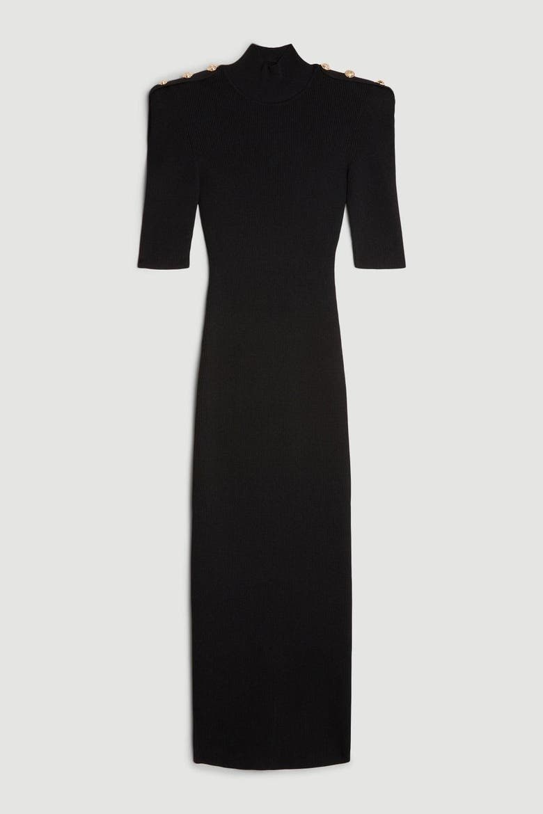 Rib Knit Power Shoulder Maxi Dress, Alternate, color, Black