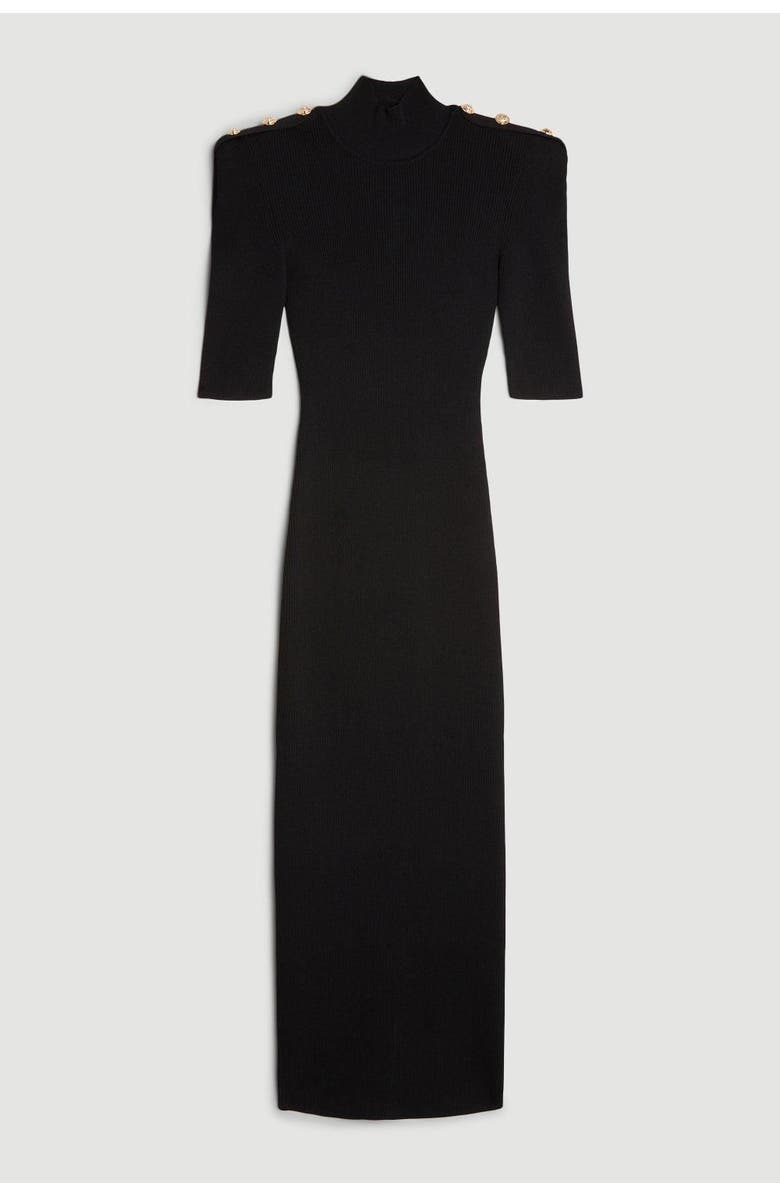 Karen Millen Rib Knit Power Shoulder Maxi Dress, Alternate, color, Black