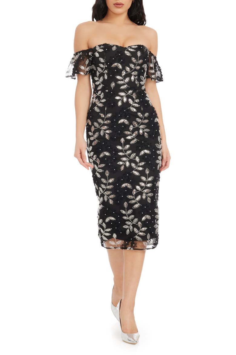 Tara Sequin & Beaded Off the Shoulder Cocktail Dress, Main, color, BLACK-SILVER