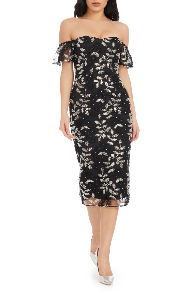 Dress the Population Tara Sequin & Beaded Off the Shoulder Cocktail Dress, Main, color, Black-Silver