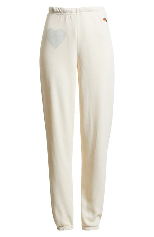 Aviator Nation Glitter Heart Sweatpants In Vintage White/silver