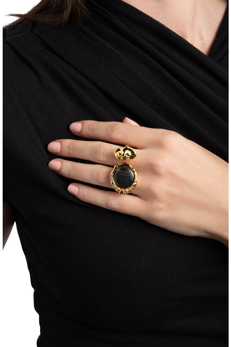 Brut Banded Agate Coin Open Ring, Alternate, color, BLACK/ GOLD