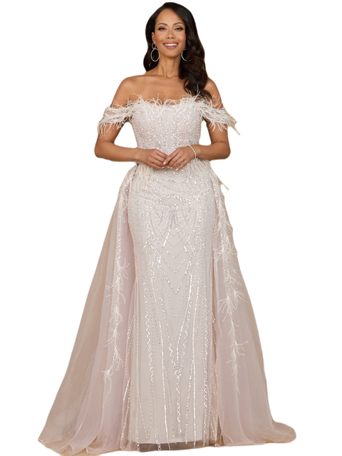 Off Shoulder Gown with Feathers