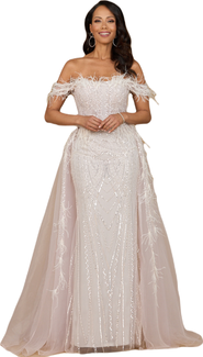 LARA New York Off Shoulder Gown with Feathers