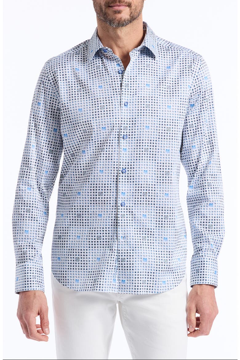 Brentwood Lattice Print Stretch Cotton Button-Up Shirt, Main, color, LIGHT BLUE