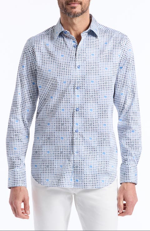 Brentwood Lattice Print Stretch Cotton Button-Up Shirt