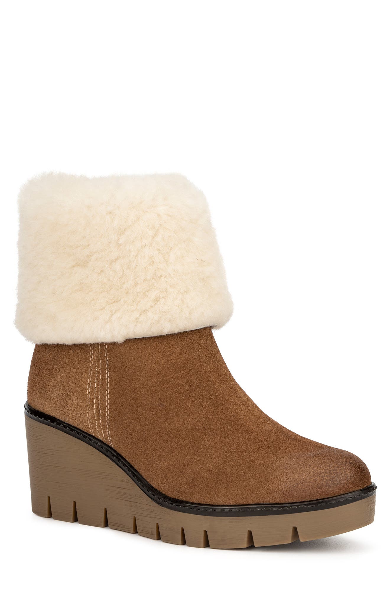 Poppy Faux Fur Lined Suede Wedge Bootie, Main, color, TAN