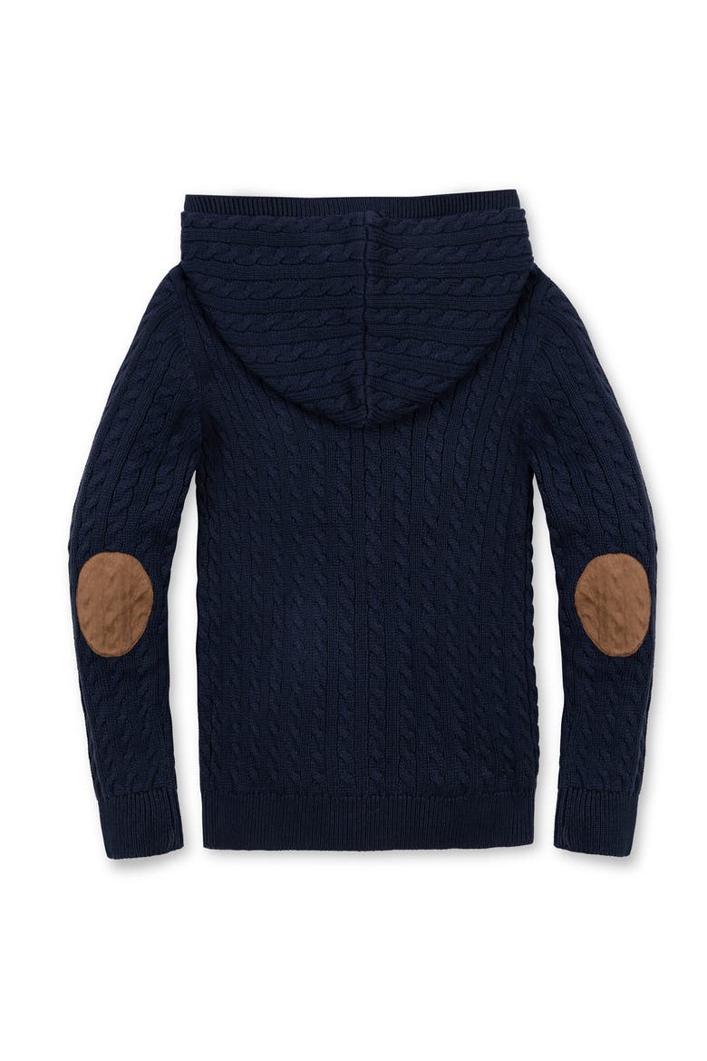 Kids' Organic Full Zip Hooded Sweater with Elbow Patches, Alternate, color, Navy Cable