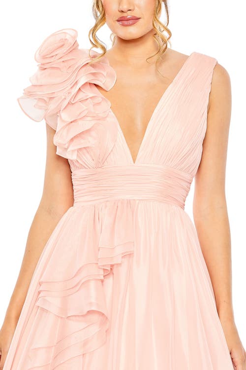 Mac Duggal Ruffle Shoulder V-neck Chiffon Gown In Blush