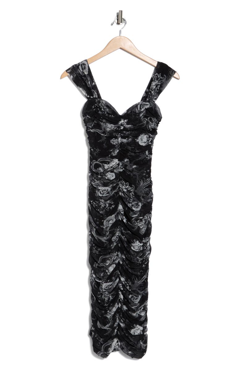 L'AGENCE Winslow Ruched Mesh Midi Dress, Alternate, color, Black Multi Zodiac