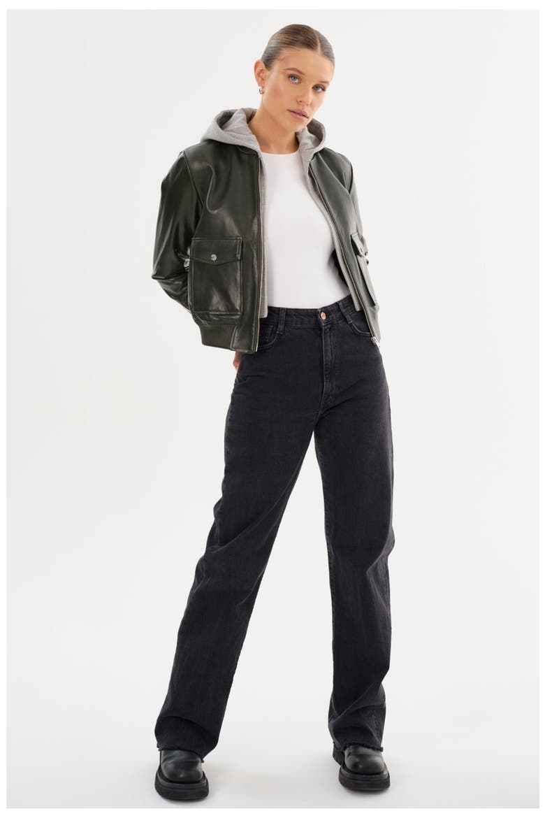 CANDACE | Leather Bomber Jacket, Alternate, color, Dark Olive/Heather Grey