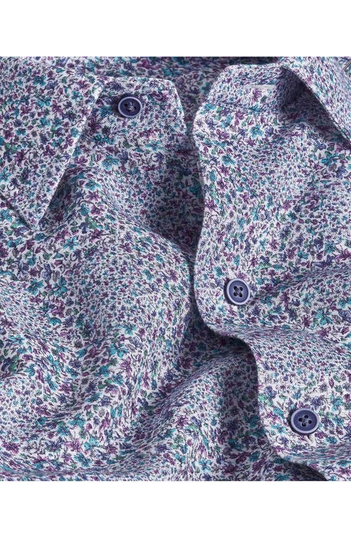 David Donahue Micro Floral Print Short Sleeve Linen & Cotton Shirt In Lilac/mult