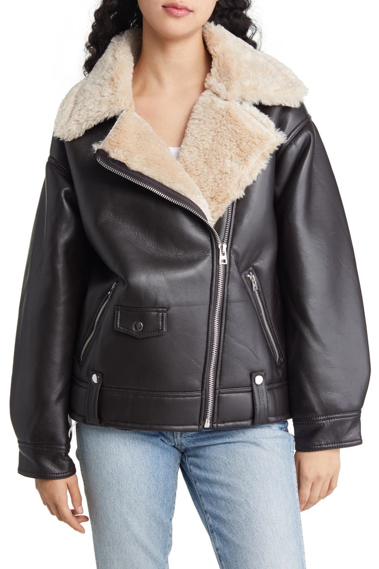 Faux Shearling & Faux Leather Aviator Jacket, Alternate, color, BROWN