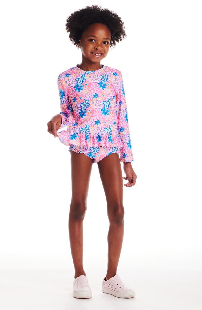 Andy & Evan Kids' Ruffle Long-Sleeve Rib Two-Piece Swimsuit, Alternate, color, Blue