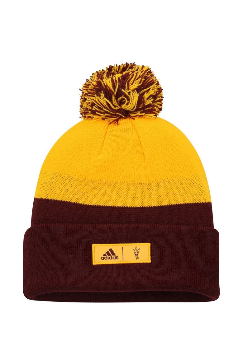 Men's adidas Maroon/Gold Arizona State Sun Devils Colorblock Cuffed Knit Hat with Pom, Alternate, color, Maroon