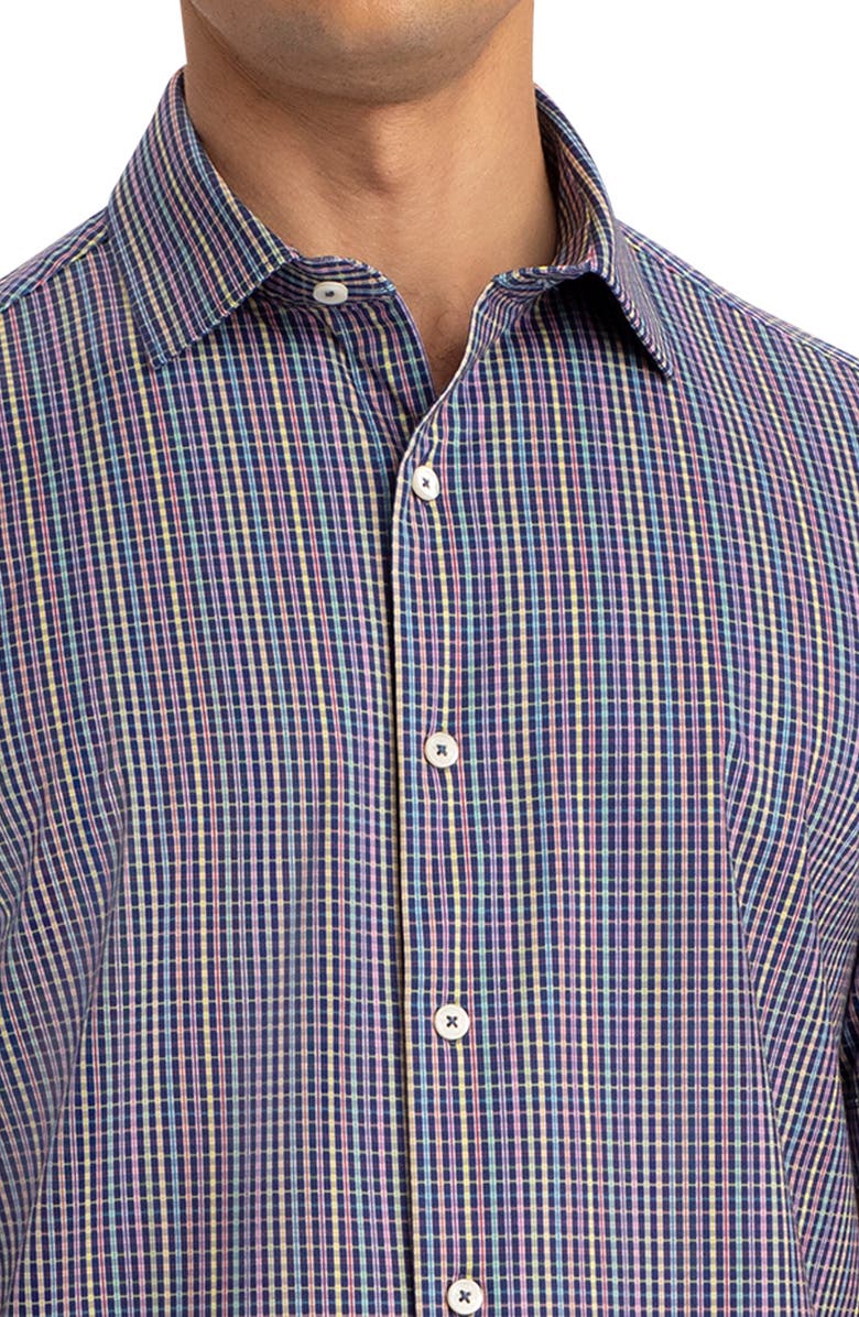 Bugatchi Tech Check Print Short Sleeve Stretch Cotton Button-Up Shirt, Alternate, color, 