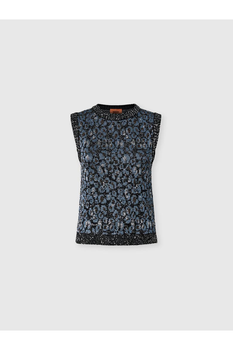 Crew-neck Top In Jacquard Knit With Animalier Pattern, Main, color, Blue