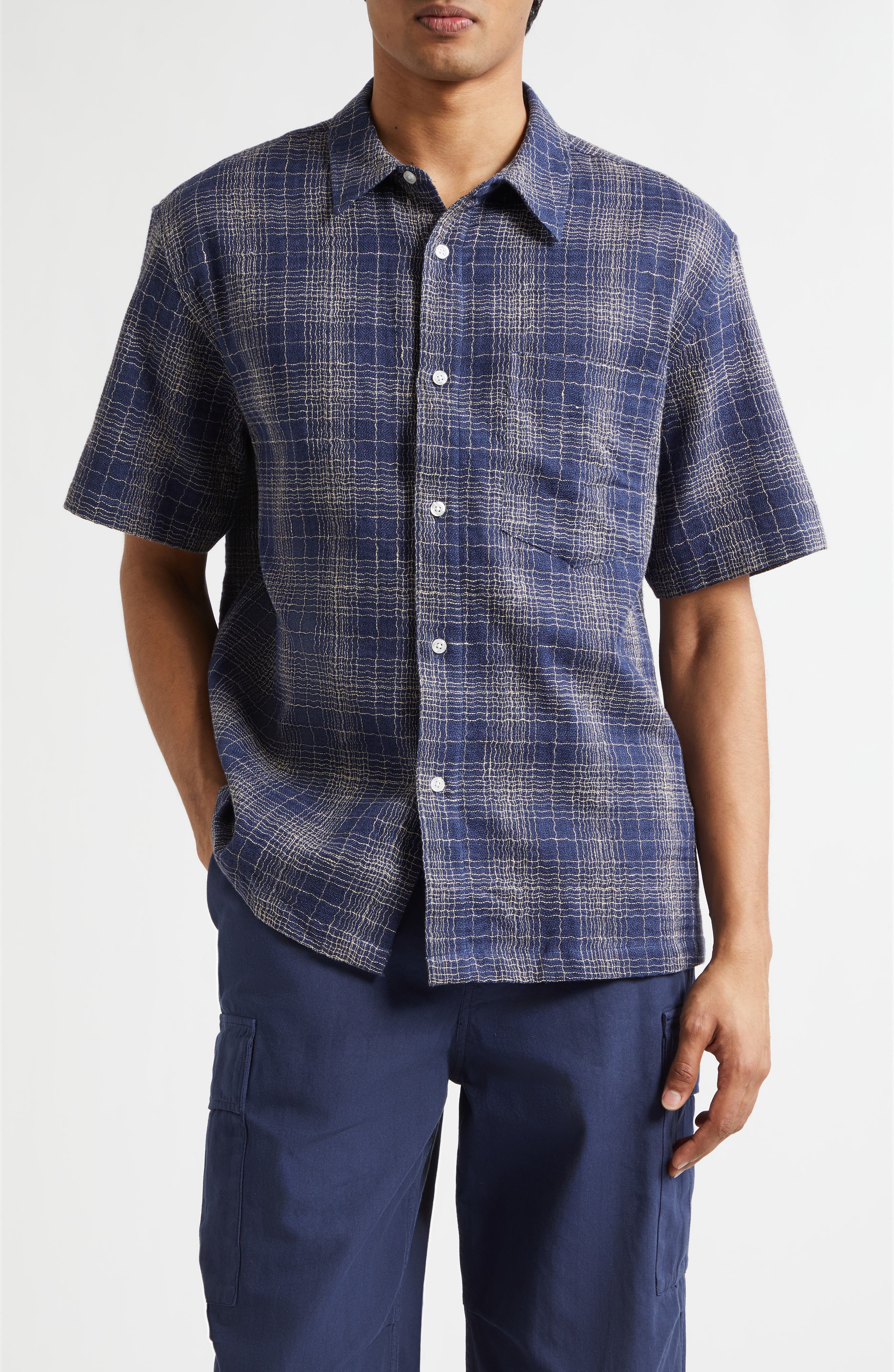 Check Cotton & Linen Short Sleeve Button-Up Shirt