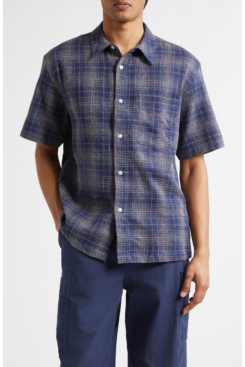 Check Cotton & Linen Short Sleeve Button-Up Shirt, Main, color, BLUE