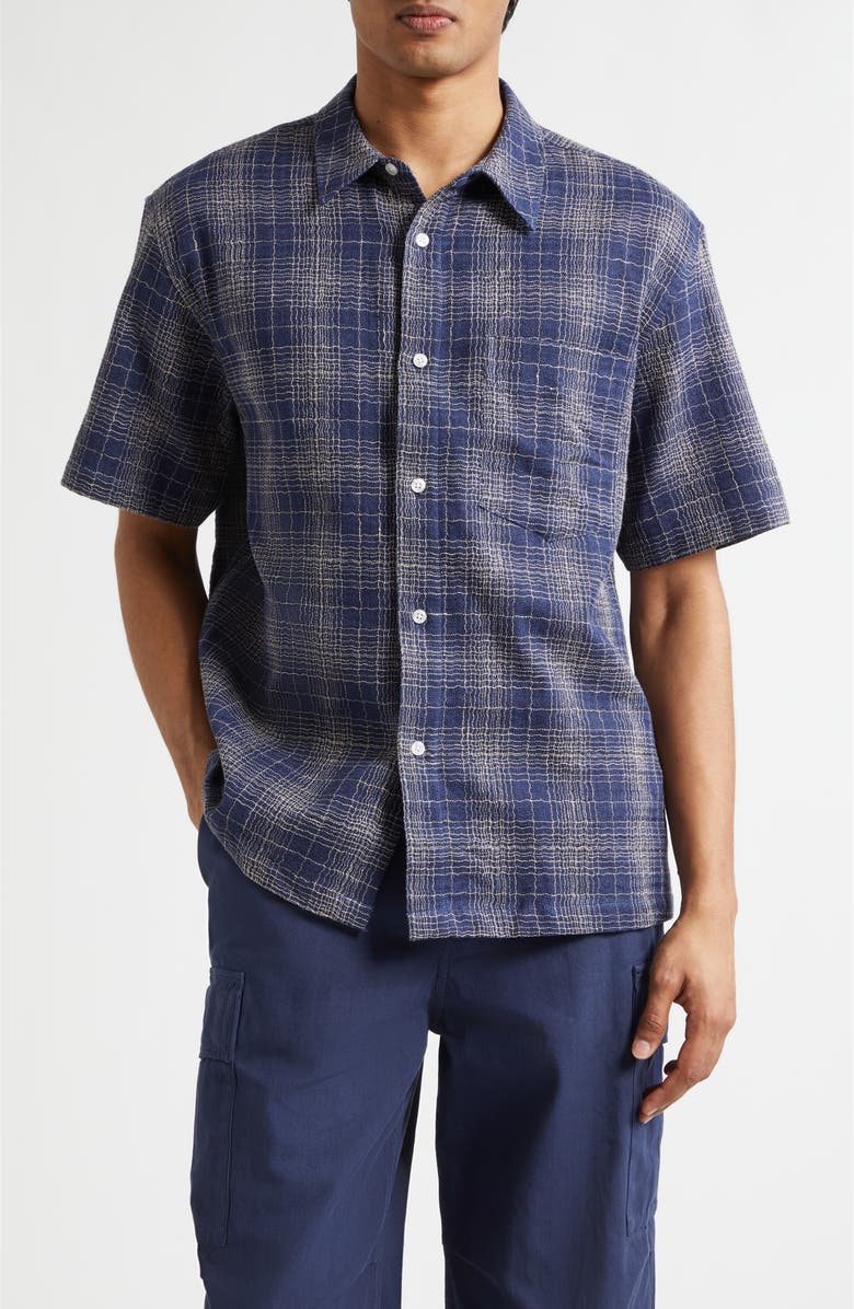 PALMES Check Cotton & Linen Short Sleeve Button-Up Shirt, Main, color, Blue