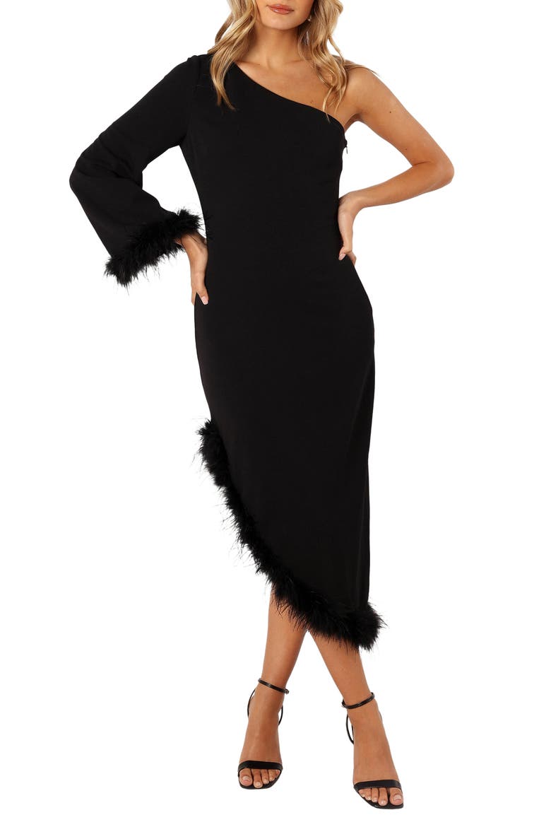 Dame Feather Trim Single Long Sleeve Midi Cocktail Dress, Main, color, BLACK