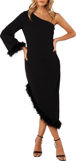 Dame Feather Trim Single Long Sleeve Midi Cocktail Dress