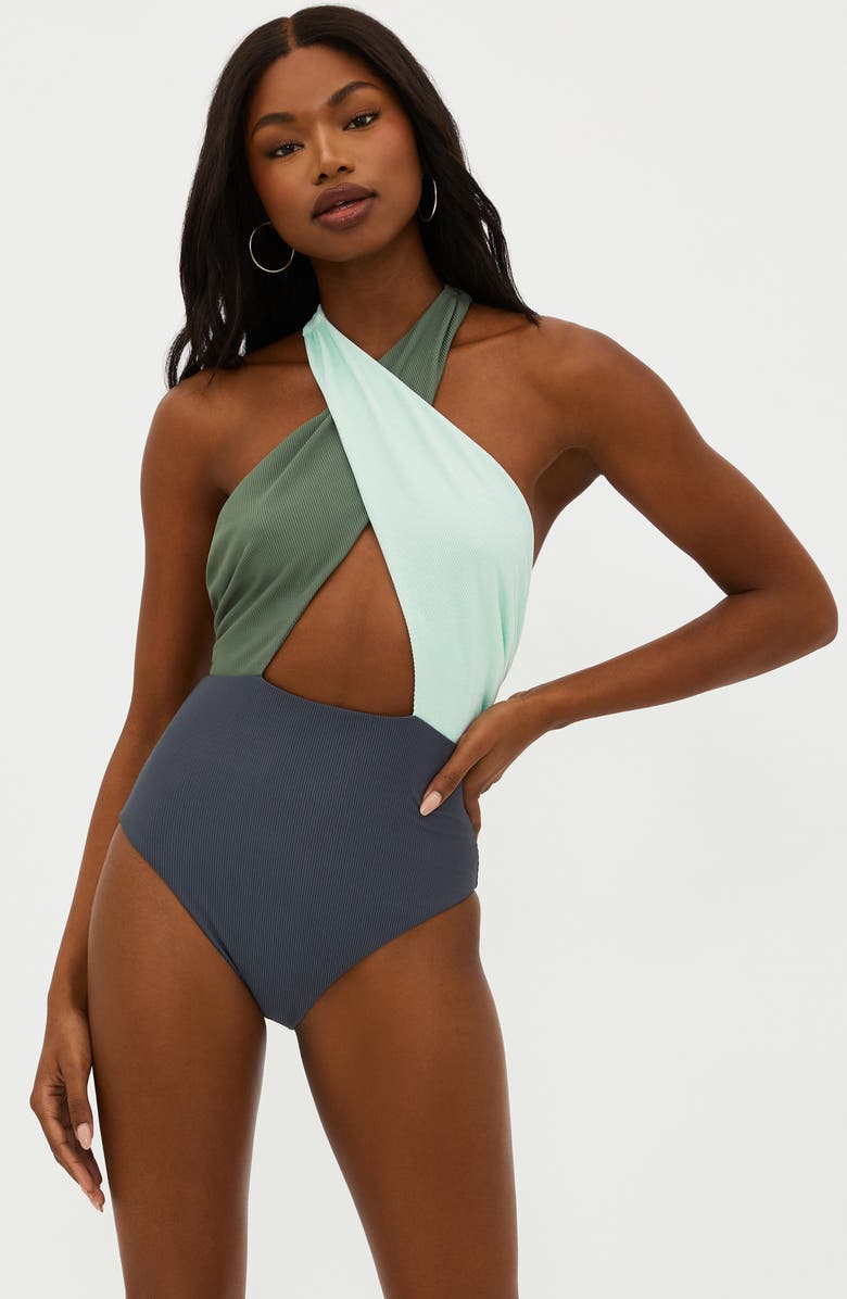Beach Riot Jessica Cutout Colorblock One-Piece Swimsuit, Alternate, color, Palm Paradise Colorblock