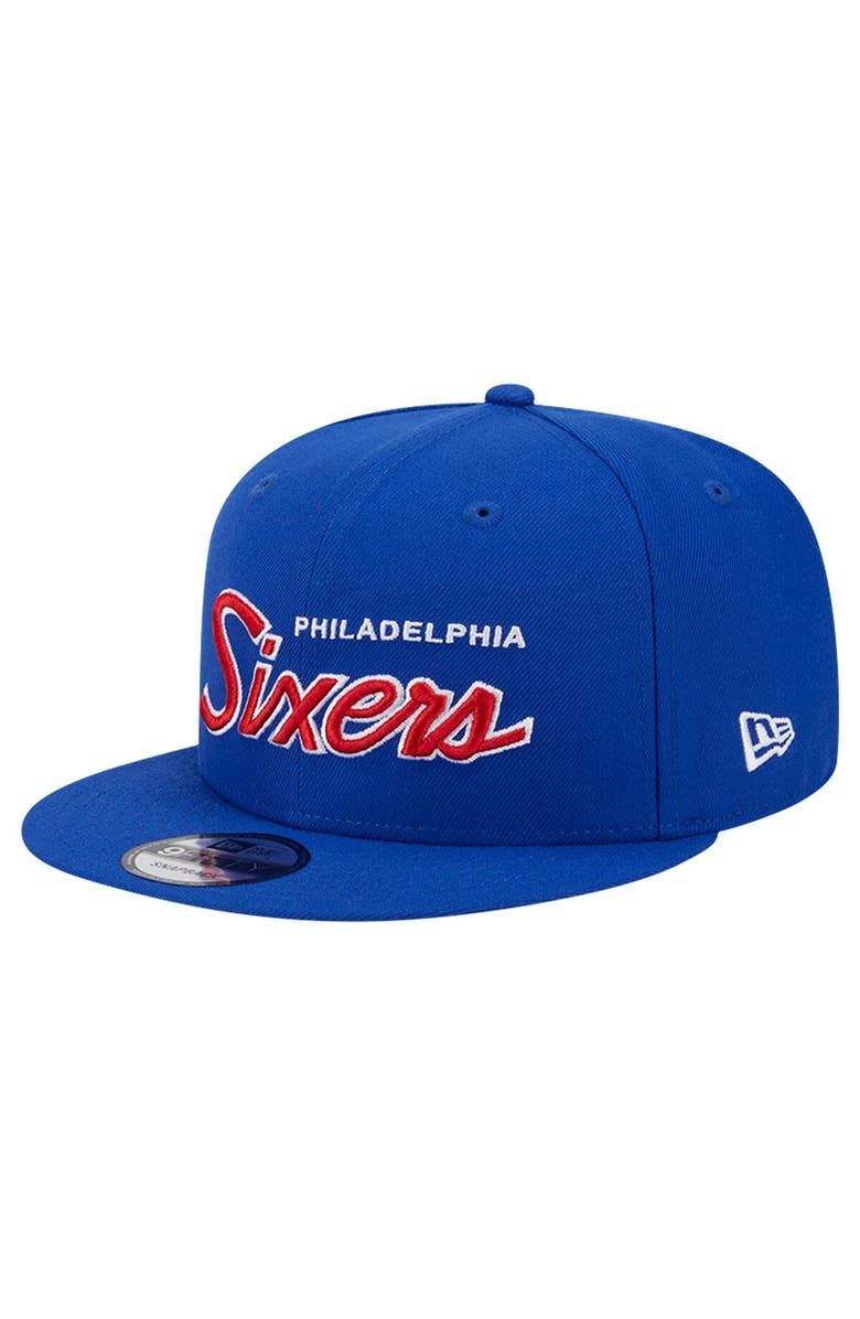 New Era Men's New Era Royal Philadelphia 76ers Evergreen Script Side Patch 9FIFTY Snapback Hat, Alternate, color, 