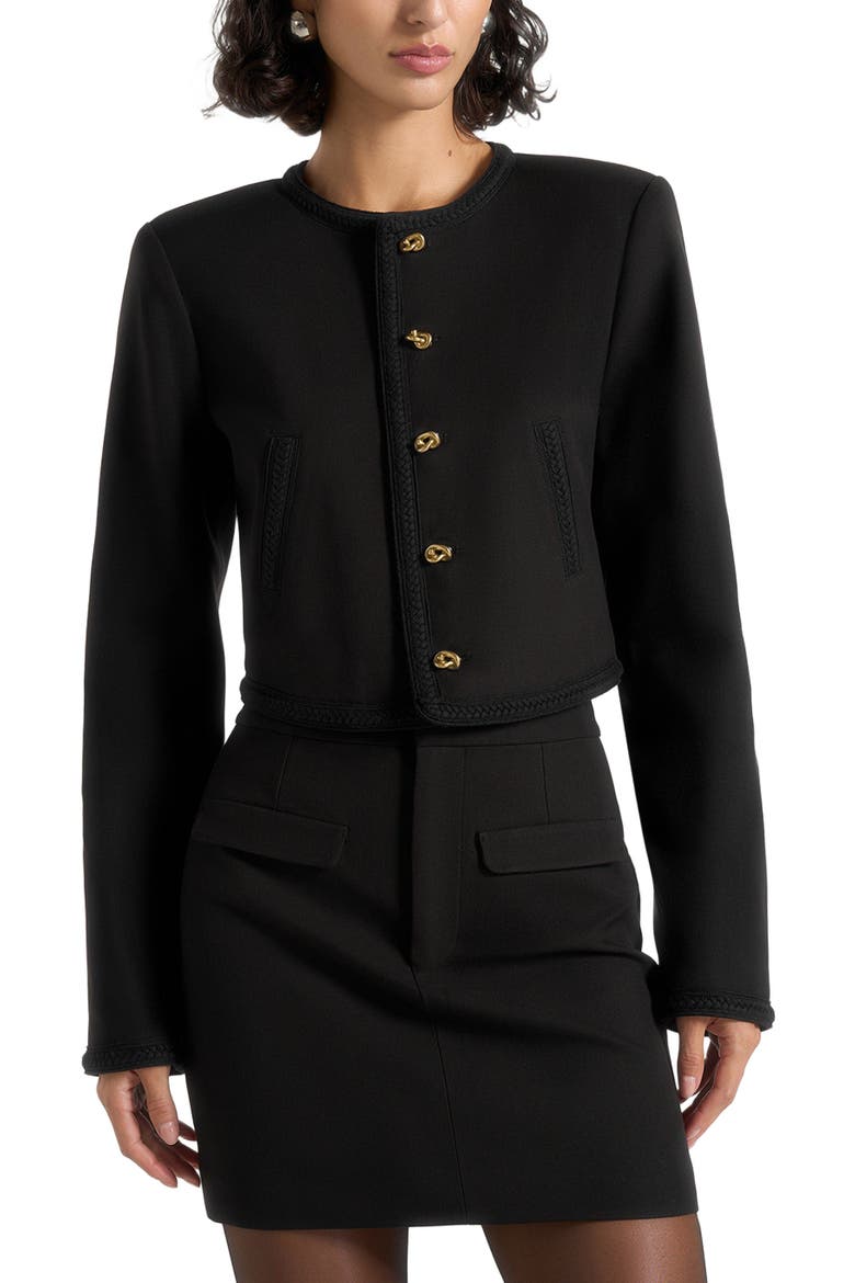 Madeline Cropped Tailored Jacket With Braided Trim, Alternate, color, Black