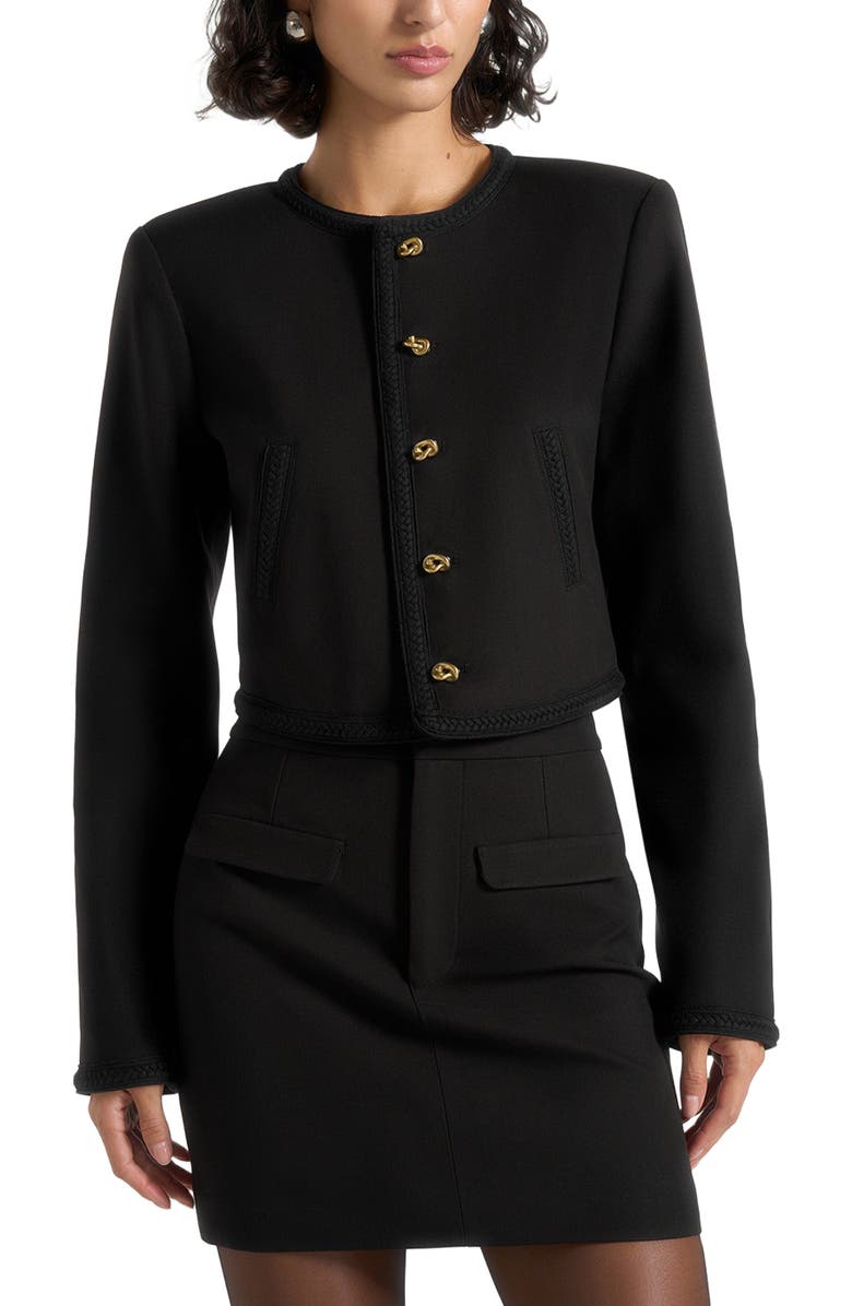 Manière De Voir Madeline Cropped Tailored Jacket With Braided Trim, Alternate, color, Black