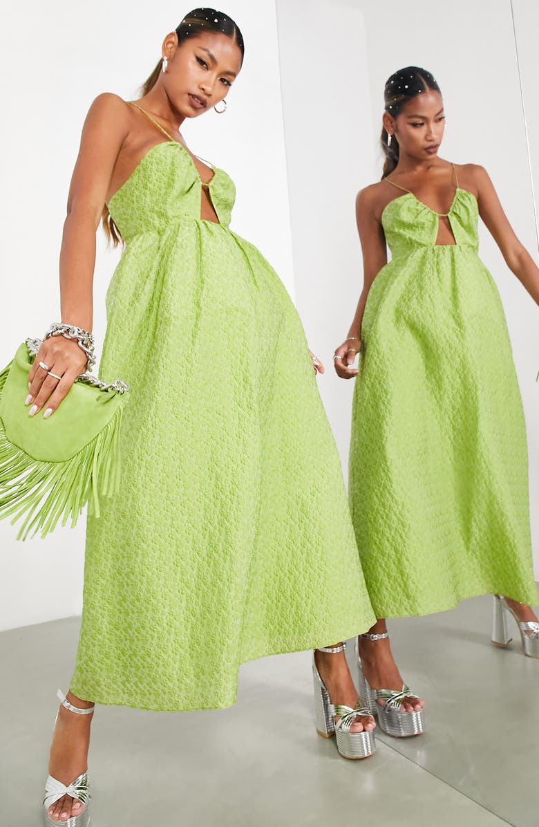 ASOS DESIGN Cutout Brocade Dress, Alternate, color, Medium Green