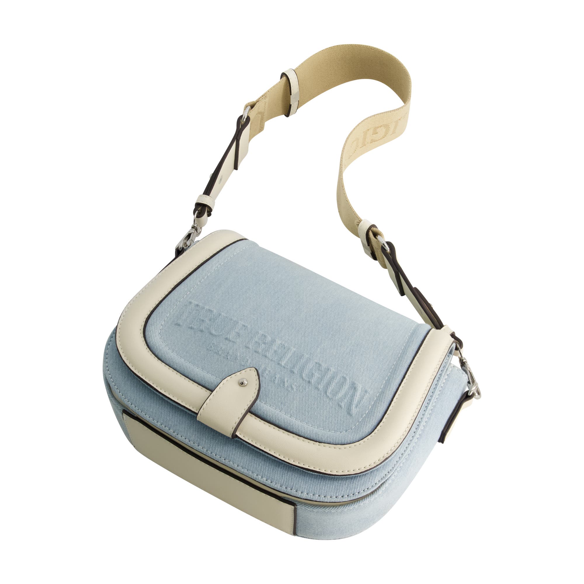 True Religion Distressed Logo Denim Saddle Bag, Alternate, color, Light Blue