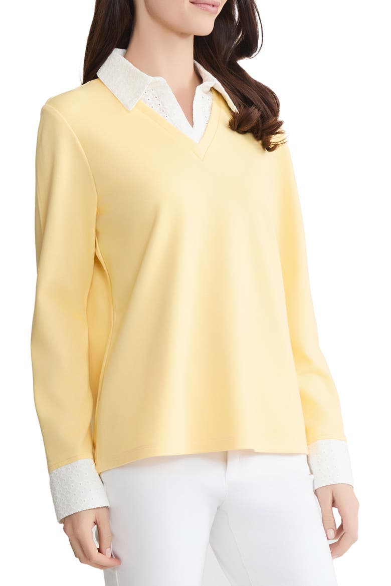 Embroidered Eyelet Trim Long Sleeve Twofer Top, Alternate, color, CORNSILK/ NATURAL WHITE