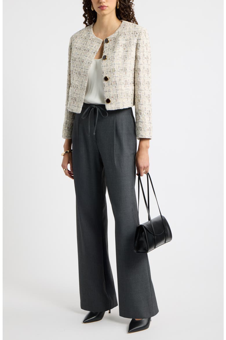 Collarless Cropped Tweed Jacket, Alternate, color, IVORY PLAID