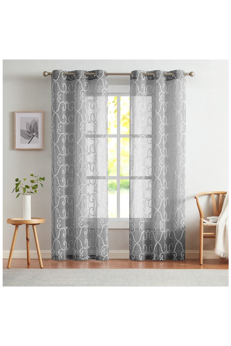 Set of 2 Embroidered Sheer Curtain Panels, Main, color, SILVER
