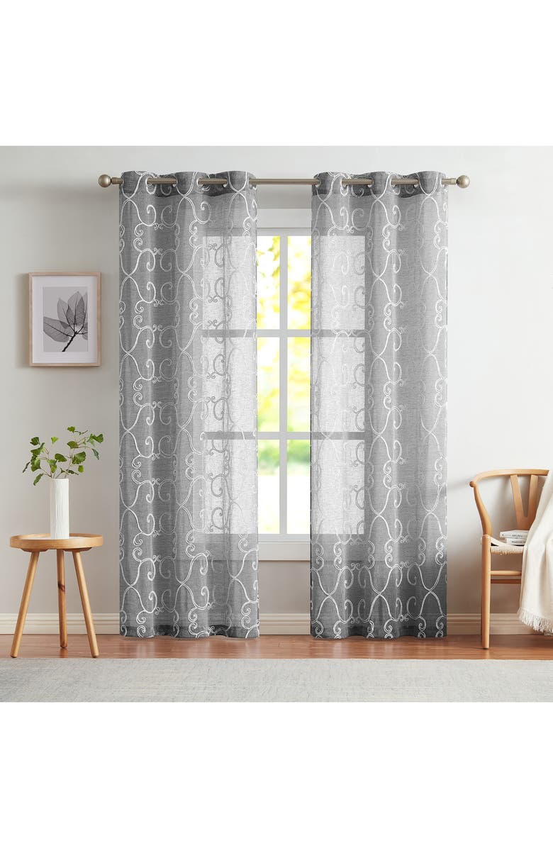 DAINTY HOME Set of 2 Embroidered Sheer Curtain Panels, Main, color, Silver
