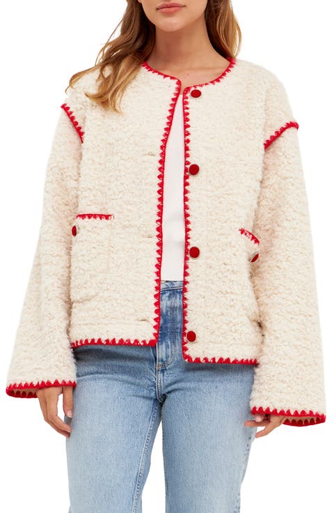 Premium Contrast Trim Faux Shearling Jacket