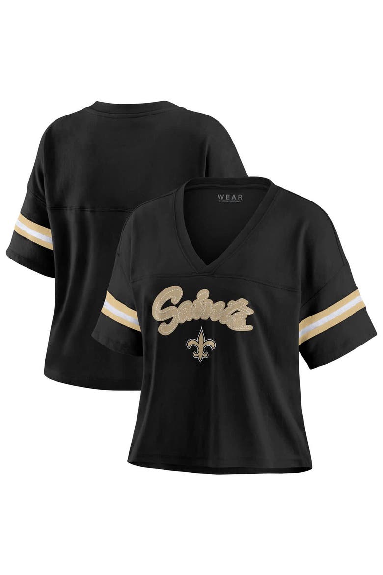 Women's WEAR by Erin Andrews Black New Orleans Saints Plus Size Color Block Boxy V-Neck T-Shirt, Main, color, Black